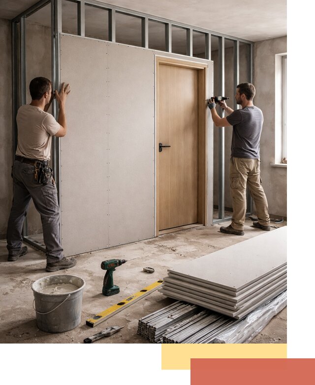 Перегородка из гипсокартона с дверью под ключ в Гае