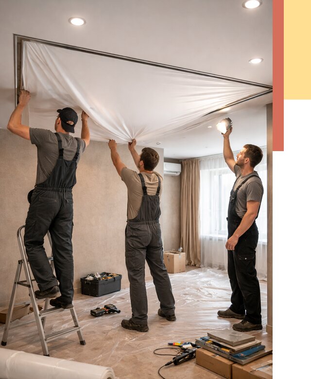 Монтаж ПВХ натяжного потолка в Гае от 3558 руб. под ключ | ОТДЕЛОЧНИК-Гай