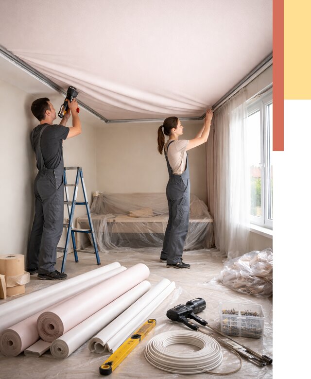 Монтаж цветного натяжного потолка в Гае от 4270 руб/м² — быстро и недорого | ОТДЕЛОЧНИК-Гай