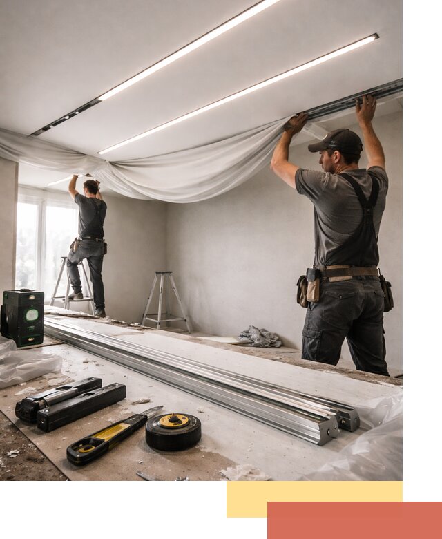 Монтаж натяжных потолков со световыми линиями в Гае