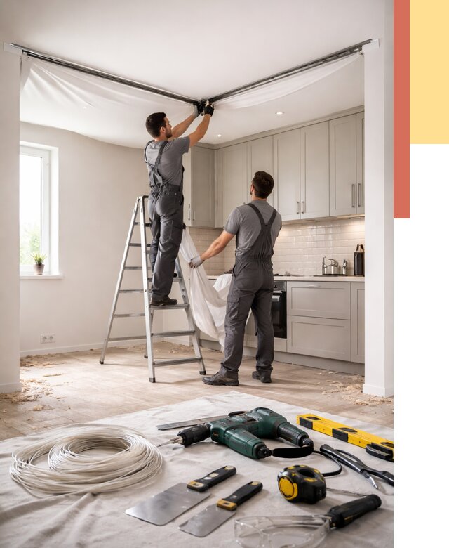 Установка натяжного потолка на кухне в Гае от 2440 руб. | ОТДЕЛОЧНИК-Гай