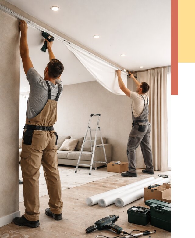 Монтаж натяжного потолка в гостиной в Гае от 559 руб. | ОТДЕЛОЧНИК-Гай